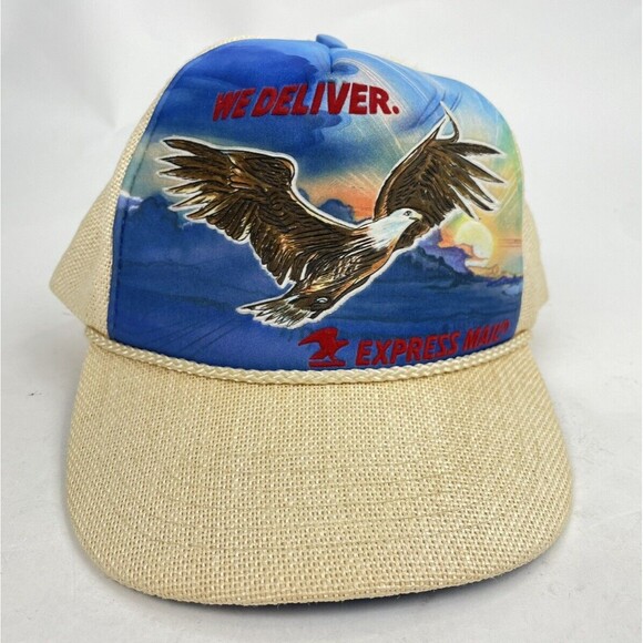Rare Soaring Eagle 1980s Bamboo Mesh Snapback Trucker Hat USPS EXPRESS US MAIL - Picture 1 of 9